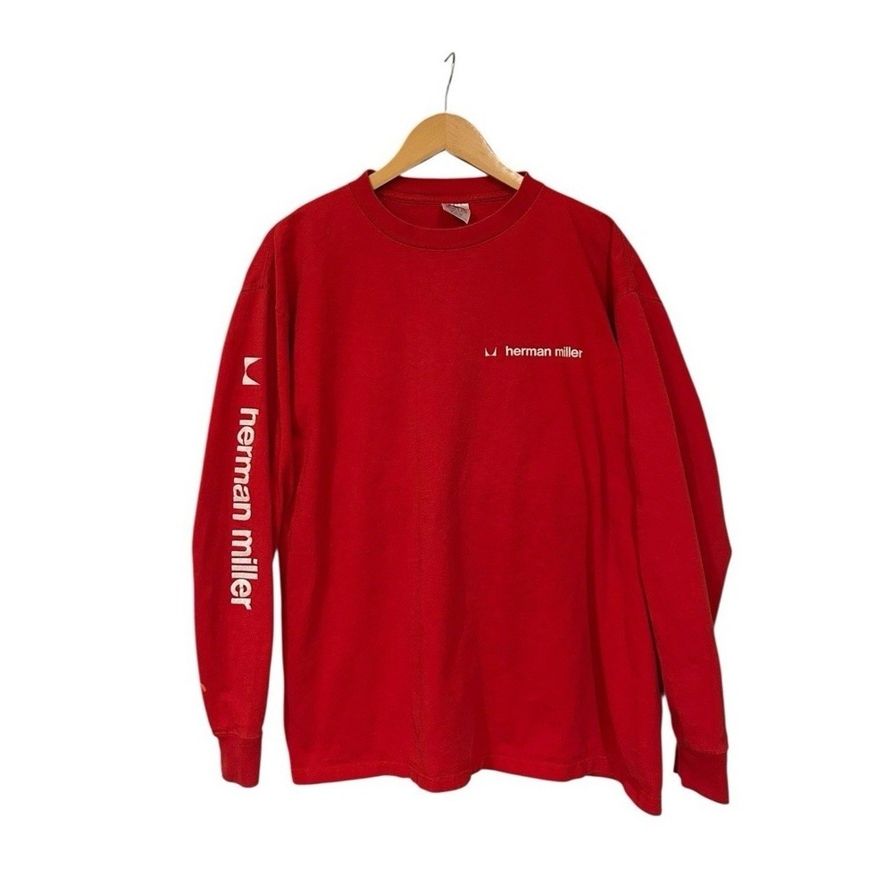 Vtg 80s Herman Miller Logo Long Sleeve Tshirt With Side Hit And Front Hit XL USA